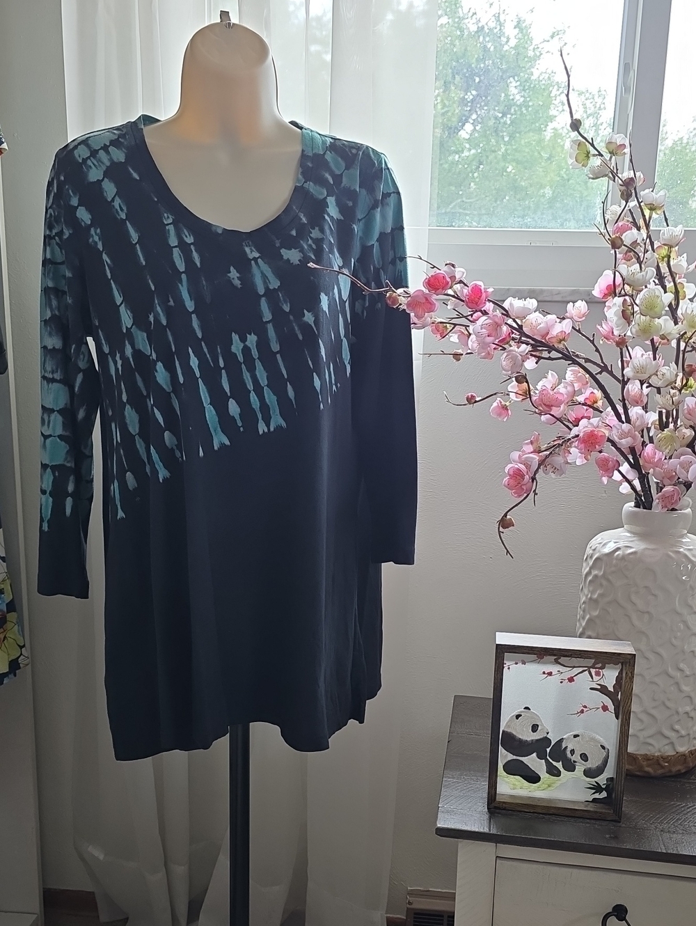 LOGO by Lori Goldstein Black Top with Teal Tie-Dye Accents